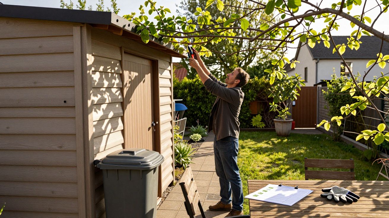 Man pruning a tree beside a garden shed, with gardening tools and a clipboard on a table nearby.