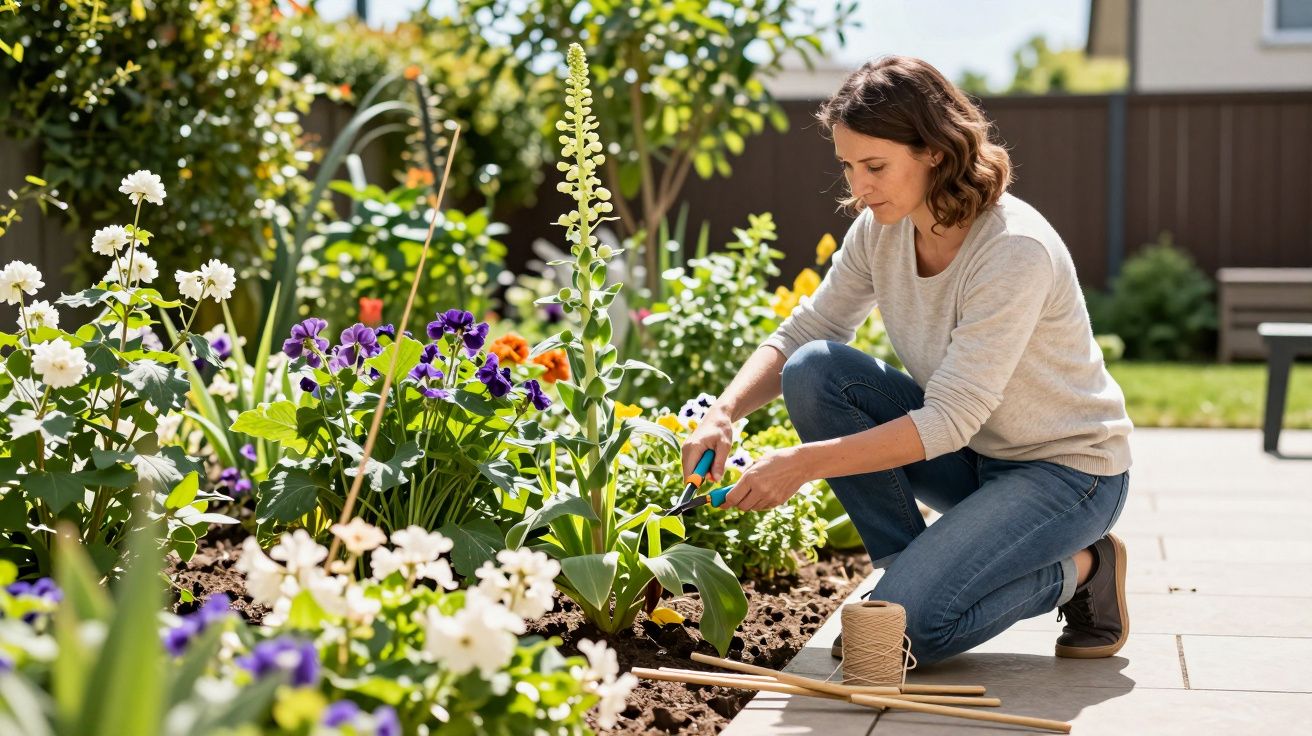 Woman gardening in a colourful flower bed, using pruning shears, outdoors on a sunny day.