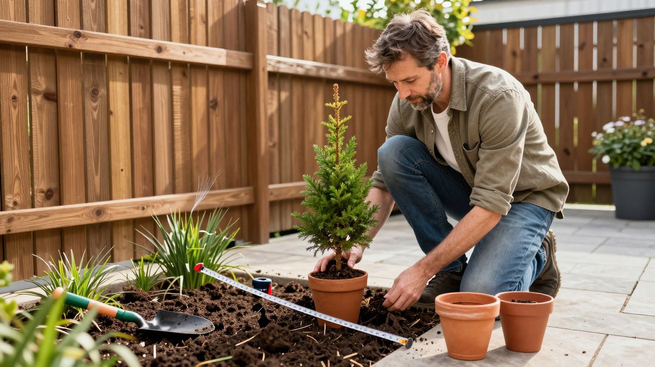 Man planting a small tree in a garden next to a fence, with pots and tools around on the soil.