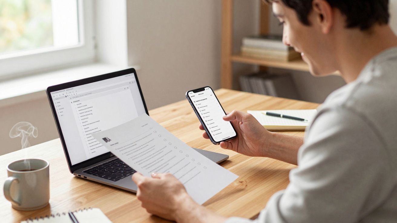 Man at desk checks papers and phone, laptop open, coffee steaming nearby.