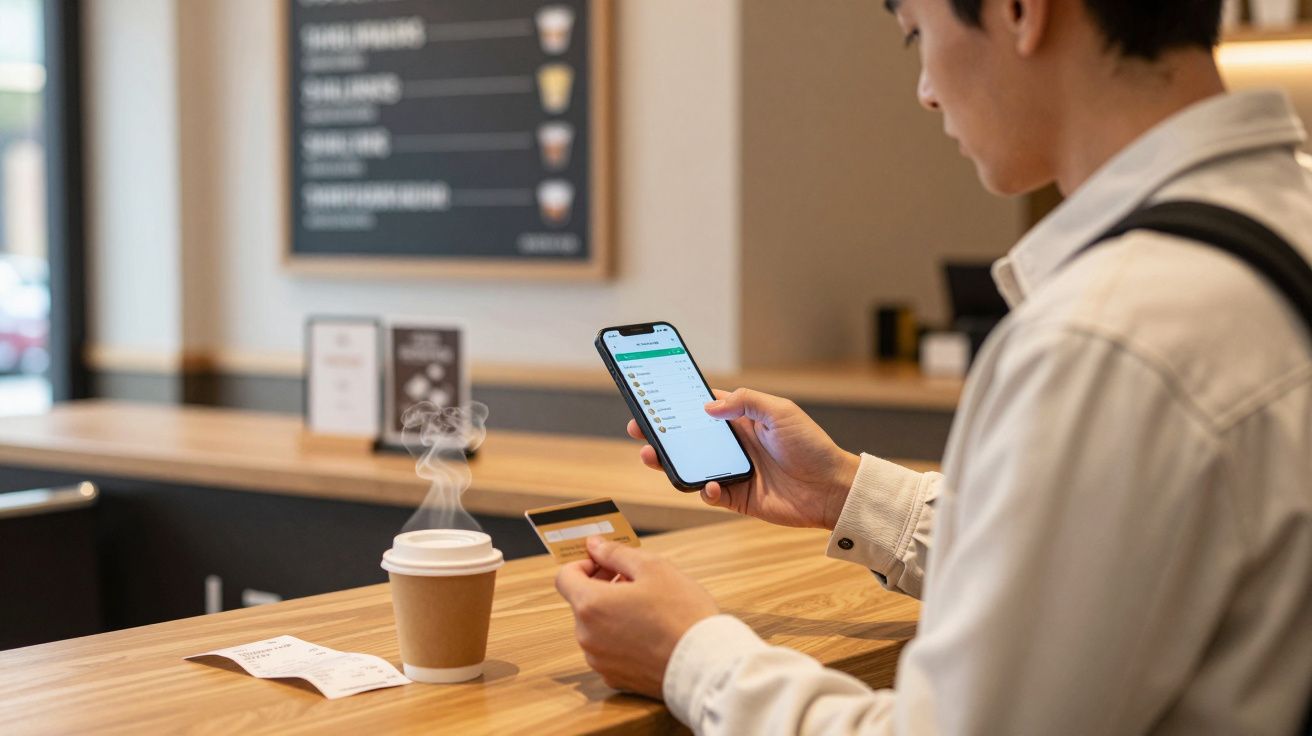 Person holding phone and card at café counter with coffee cup and receipt nearby.