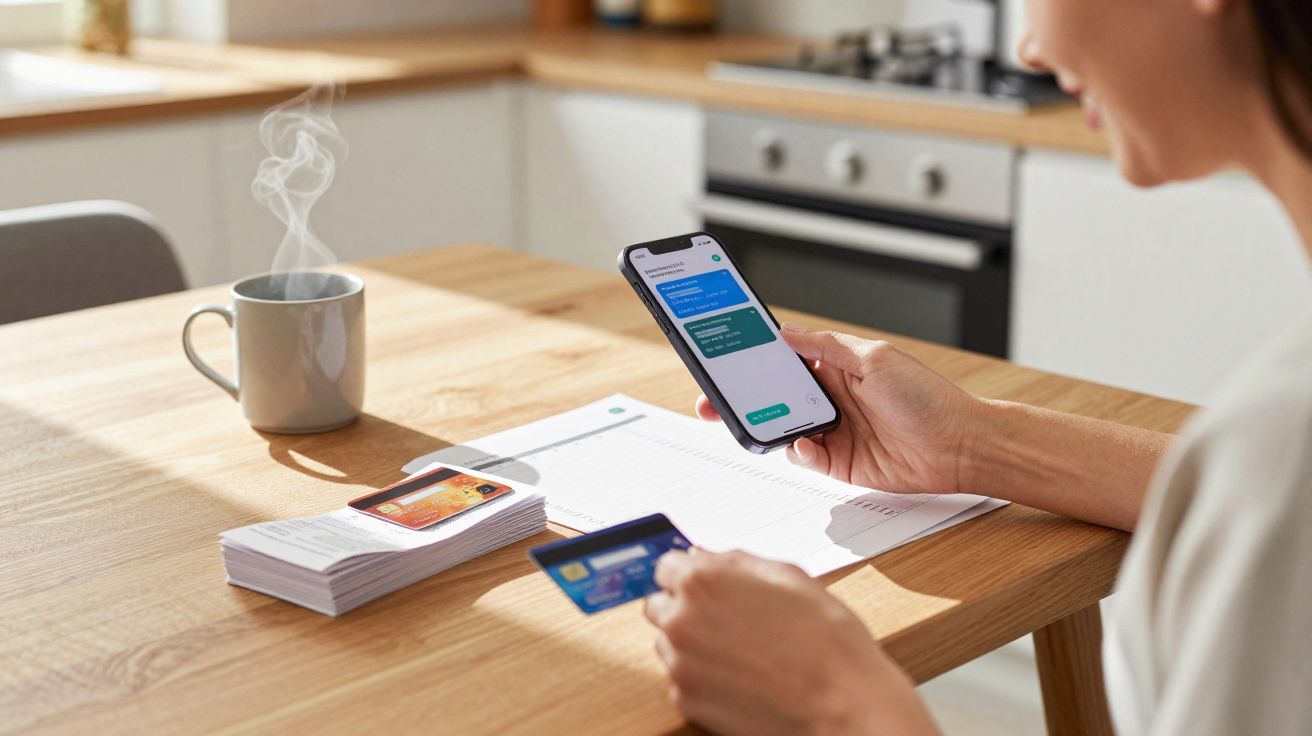 Person using a smartphone and holding a credit card at a kitchen table with a steaming mug.