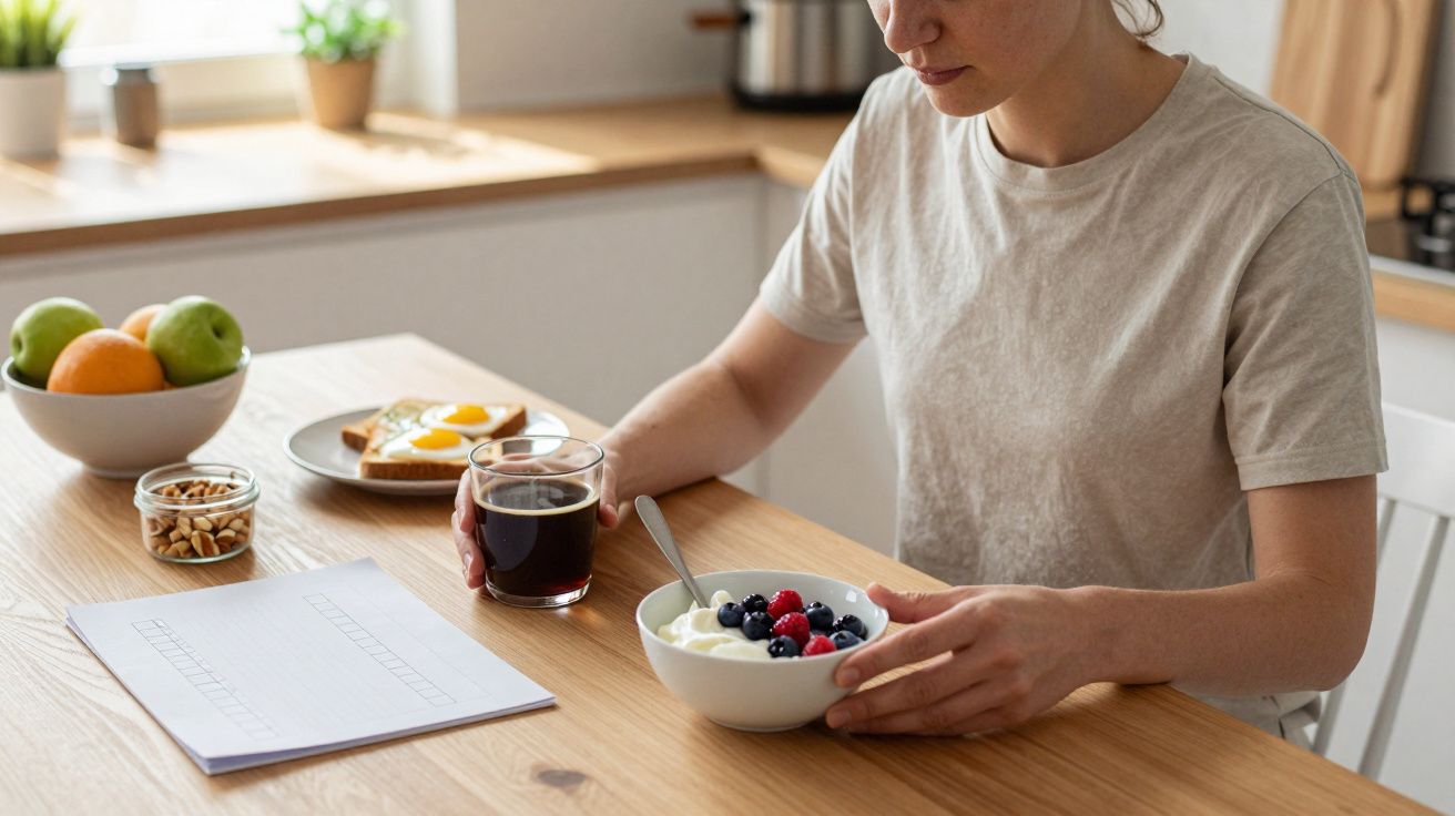 Person having breakfast with yoghurt, berries, and a drink at a wooden table.
