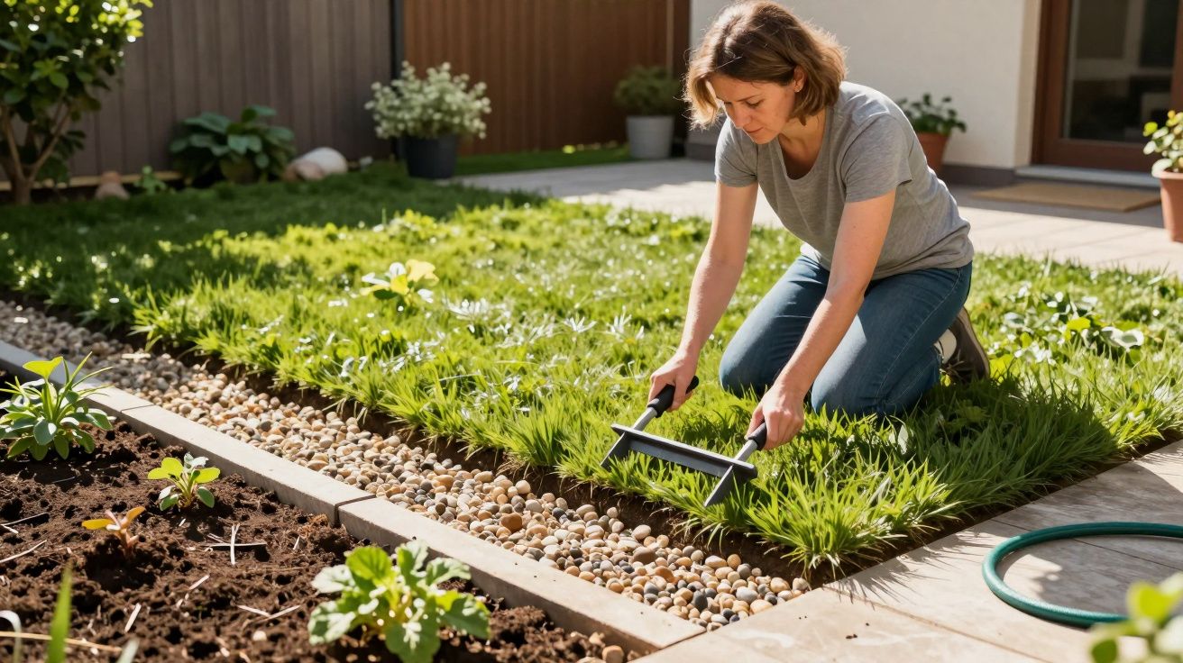 A woman tending a garden, using two hand tools to maintain the grass next to a pebble path on a sunny day.