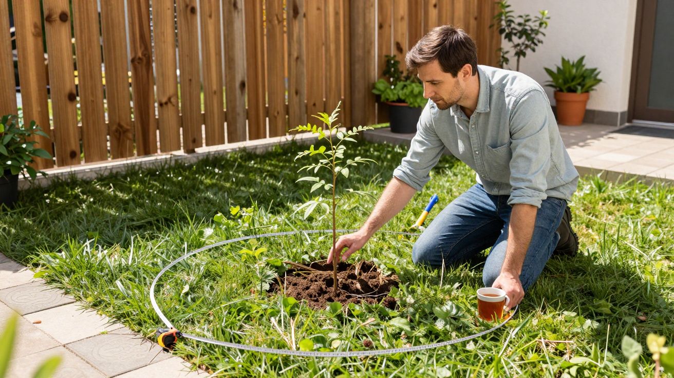 Man in garden planting a small tree, kneeling on grass, holding a cup, with a wooden fence and plants in the background.