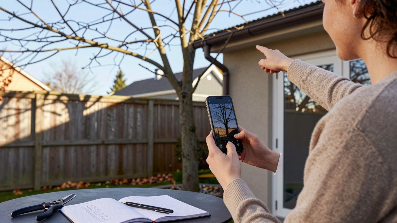 Person taking a photo of a tree with a smartphone, pointing at branches, notebook and pruners on table in a garden setting.