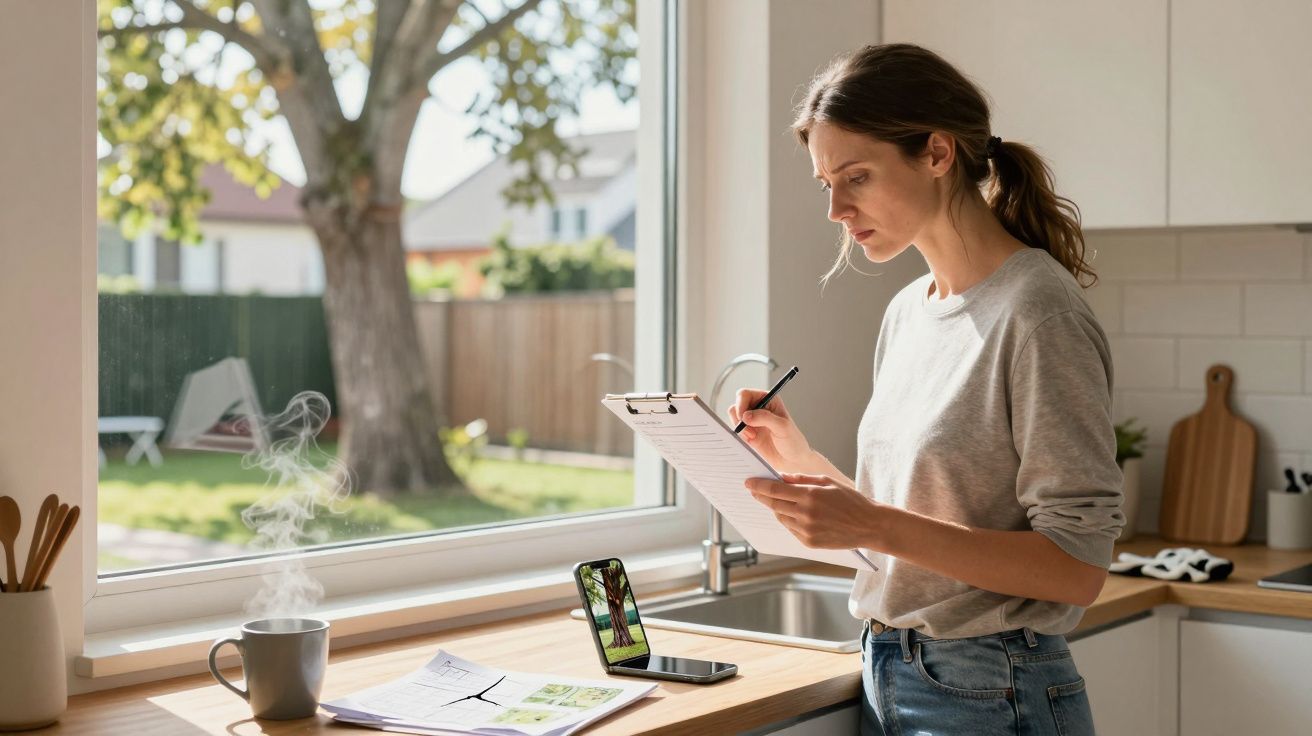 Woman in kitchen writing on clipboard near window, with smartphone, documents, and steaming mug on counter.