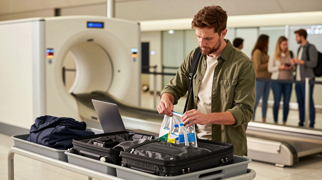 Man organising liquids in a clear bag at airport security checkpoint near a scanner.