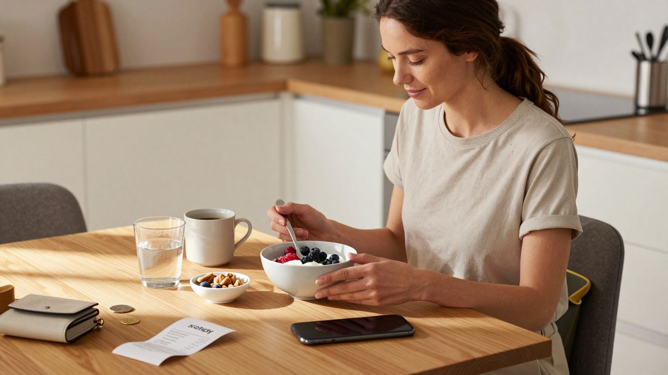 Woman eating fruit and yoghurt at a kitchen table with coffee, water, phone, and a receipt.
