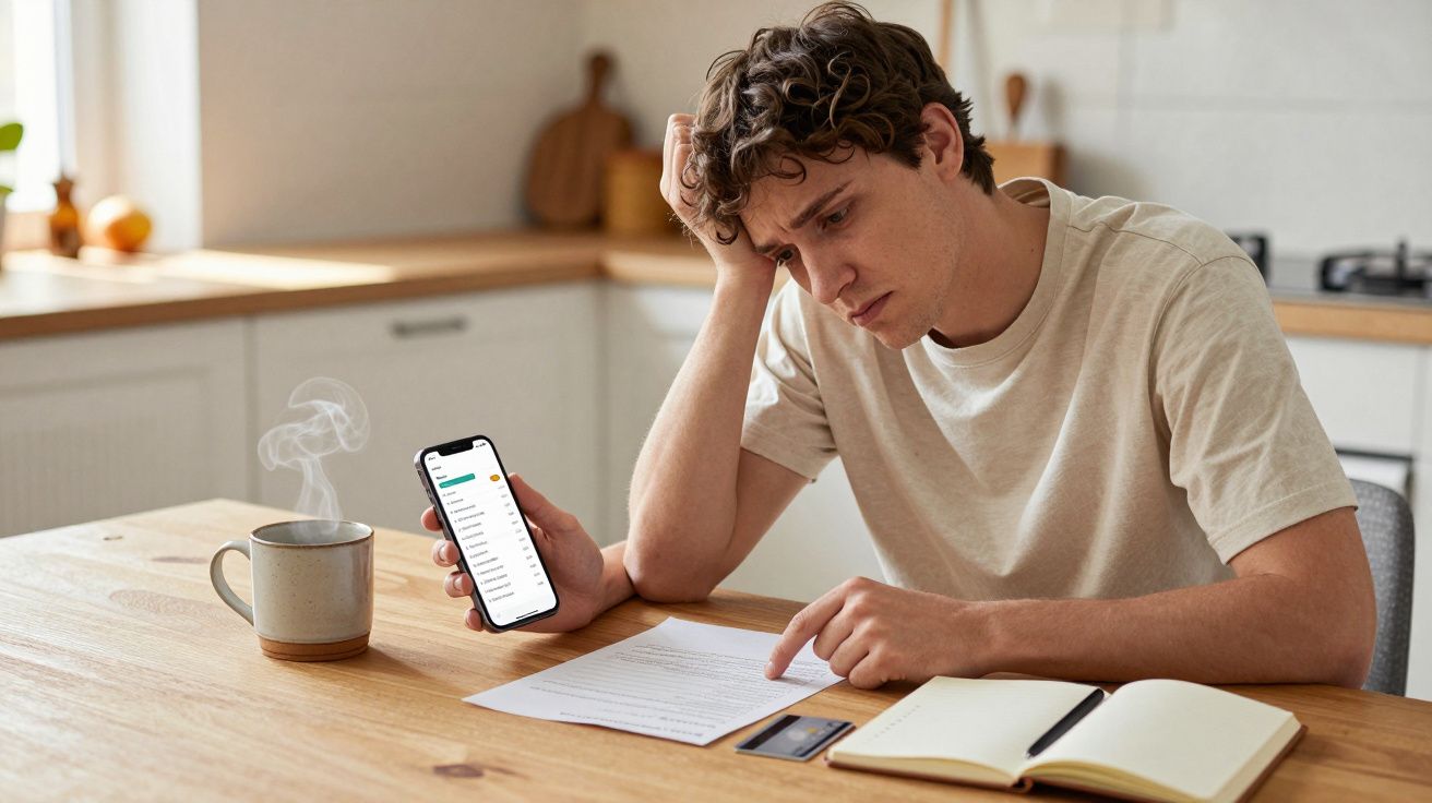 Man looking at paper and phone, appearing puzzled, with notebook, credit card, and steaming mug on wooden kitchen table.