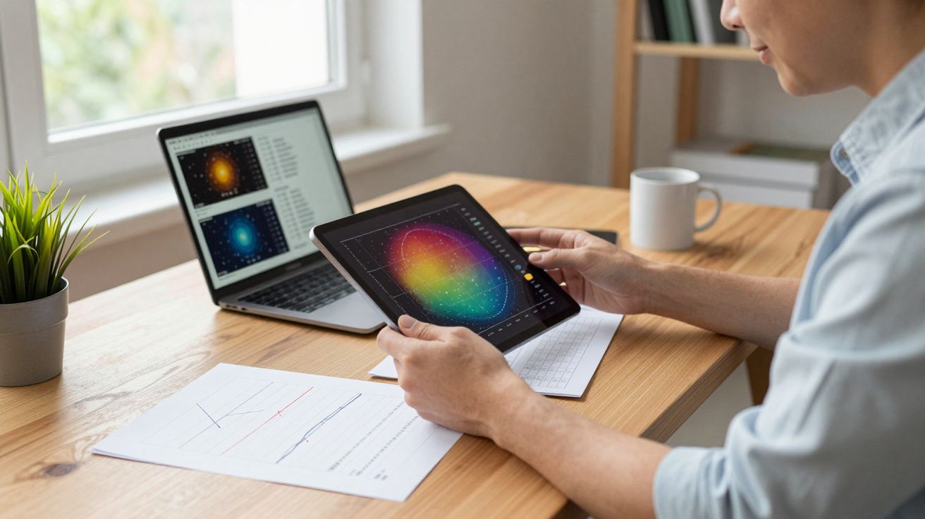 Person holding tablet displaying colourful data visualisation, with laptop and documents on wooden desk near window.