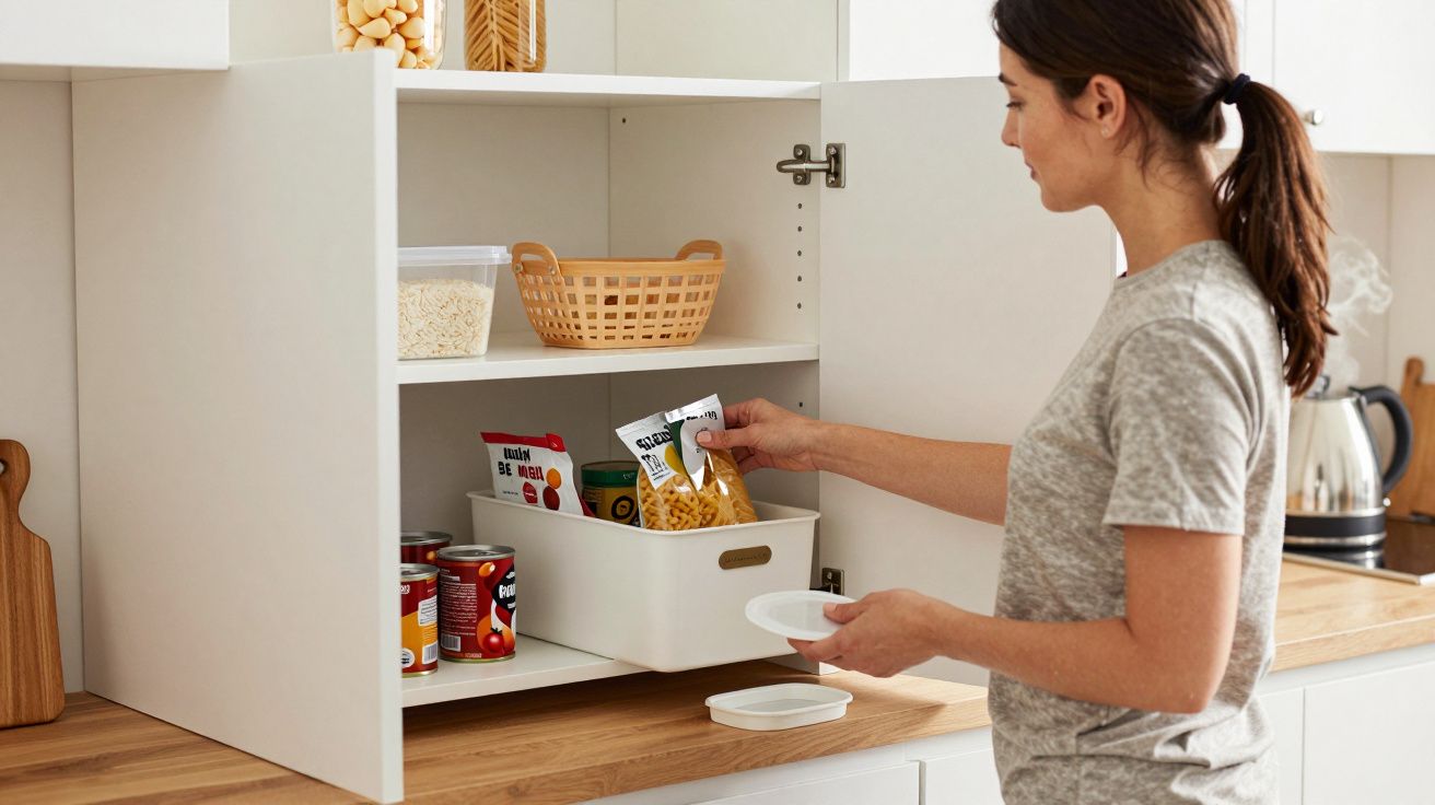 Woman organising kitchen cupboard, placing a packet of pasta in a white basket on a wooden counter.