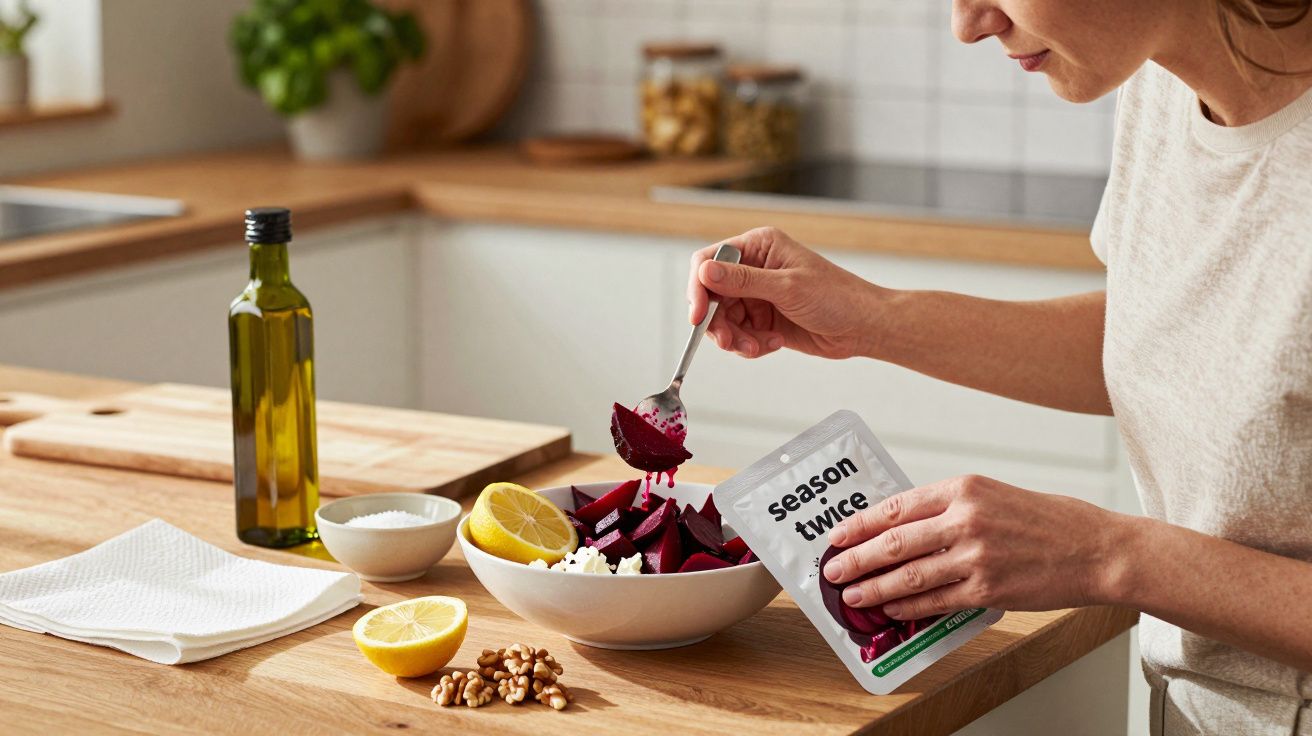 Person preparing salad with beetroot, cheese, walnuts, lemon, and olive oil in a kitchen setting.
