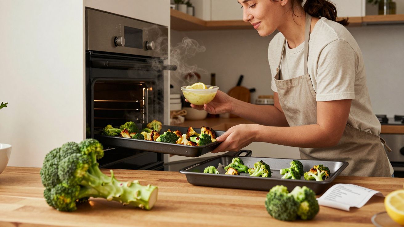 A woman in a kitchen placing a tray of roasted vegetables into an oven, with broccoli on the countertop.