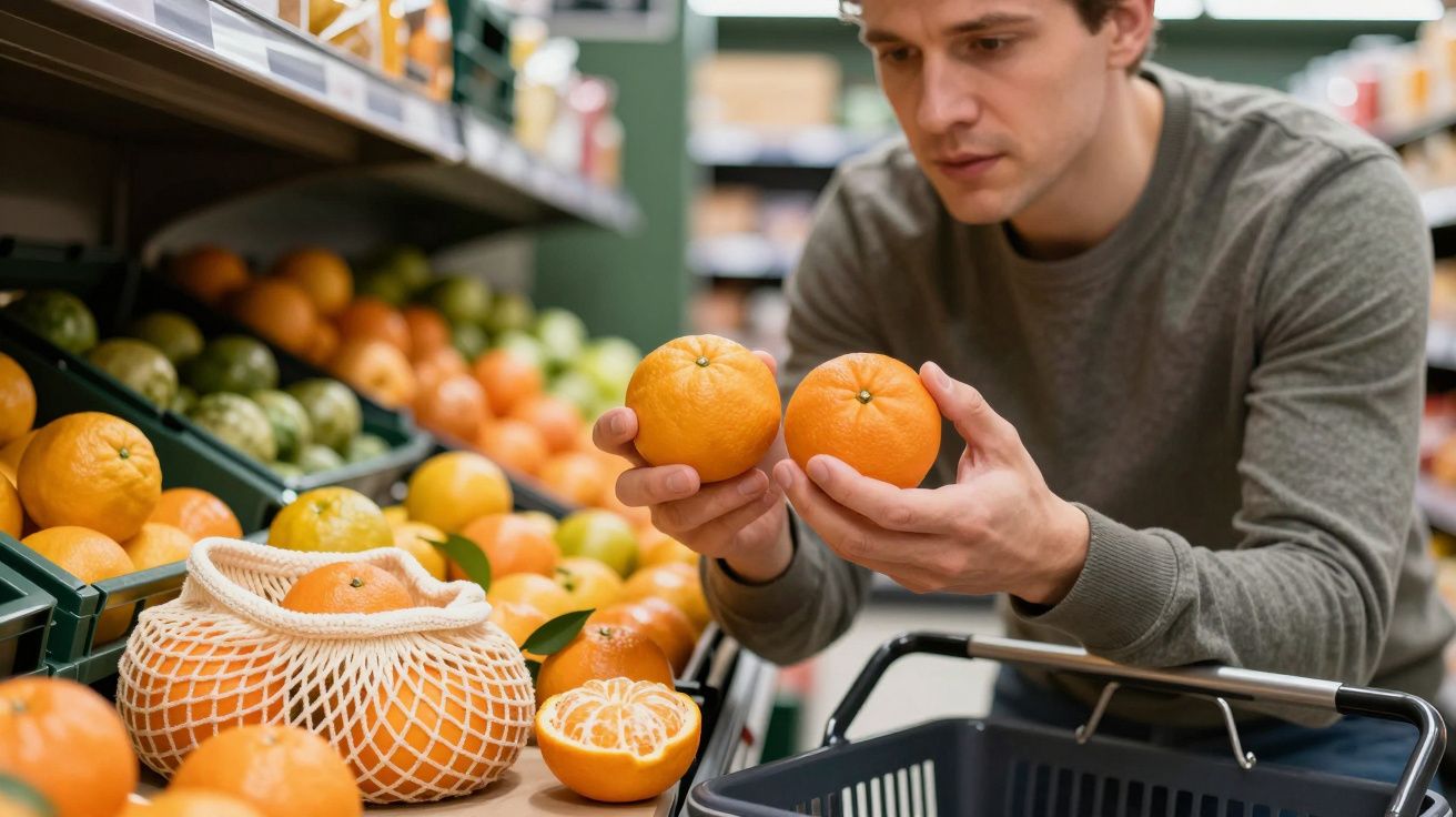 Man choosing oranges in a supermarket, inspecting fruit while holding shopping basket.