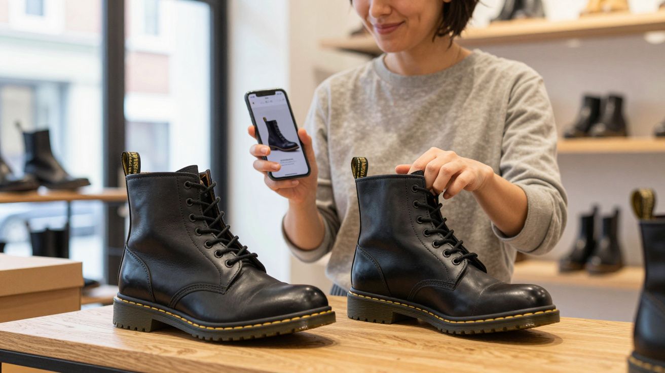 Person holding a smartphone, examining black leather boots with yellow stitching in a shoe store.