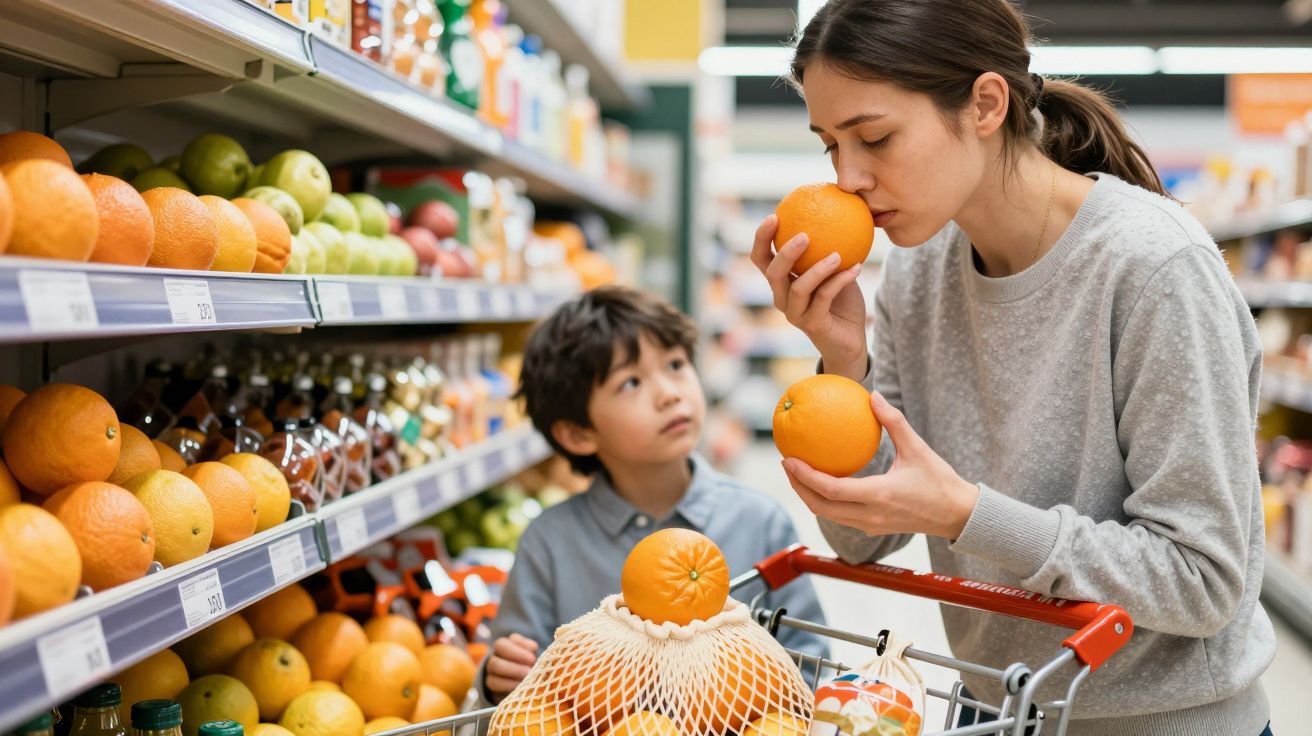 Woman smelling orange in supermarket, child watching, shopping cart with oranges nearby.