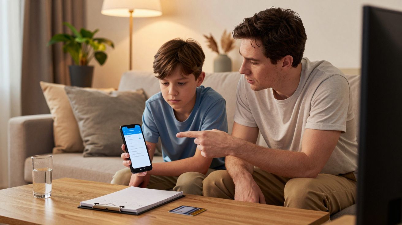 Father and son sitting on sofa, looking at a smartphone, with paperwork and a glass of water on the table in front of them.
