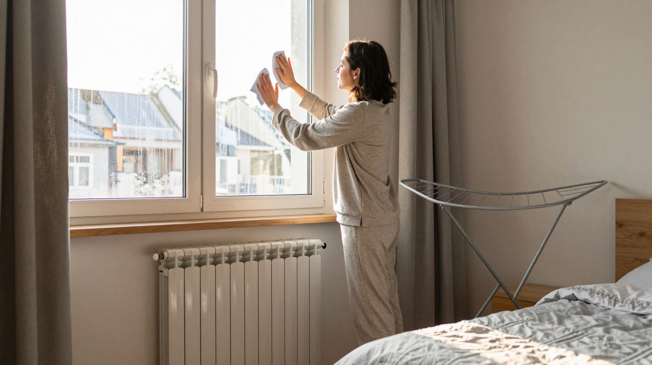 Person in pyjamas cleaning a window, with sunlight streaming in. A radiator and drying rack are visible.