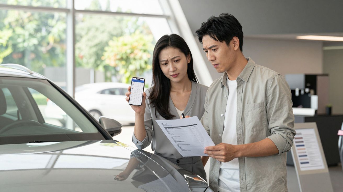 Couple examining documents and phone near a car in a showroom with a concerned expression.