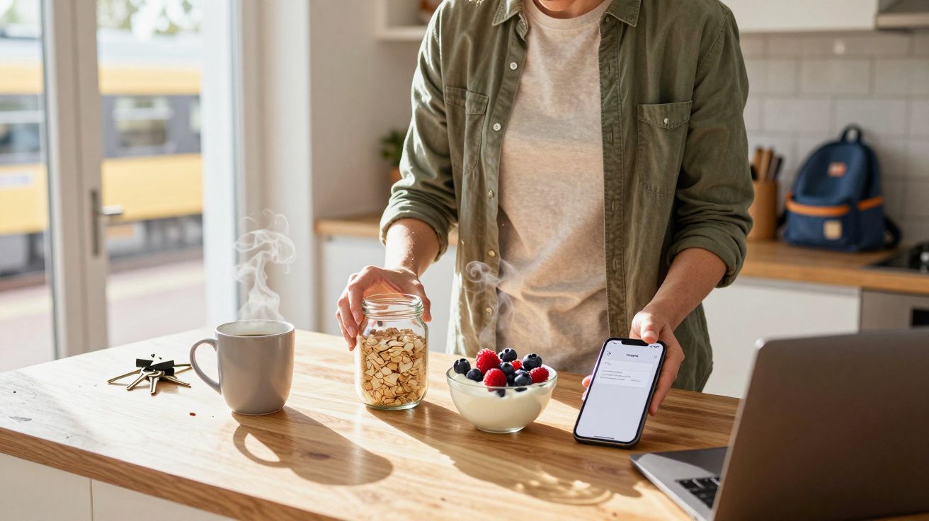 Person preparing breakfast with a bowl of cereal and berries, holding a phone, and a steaming mug on a kitchen counter.