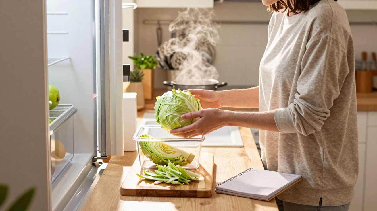 Woman in kitchen preparing cabbage by open fridge, with a steaming pot in the background.