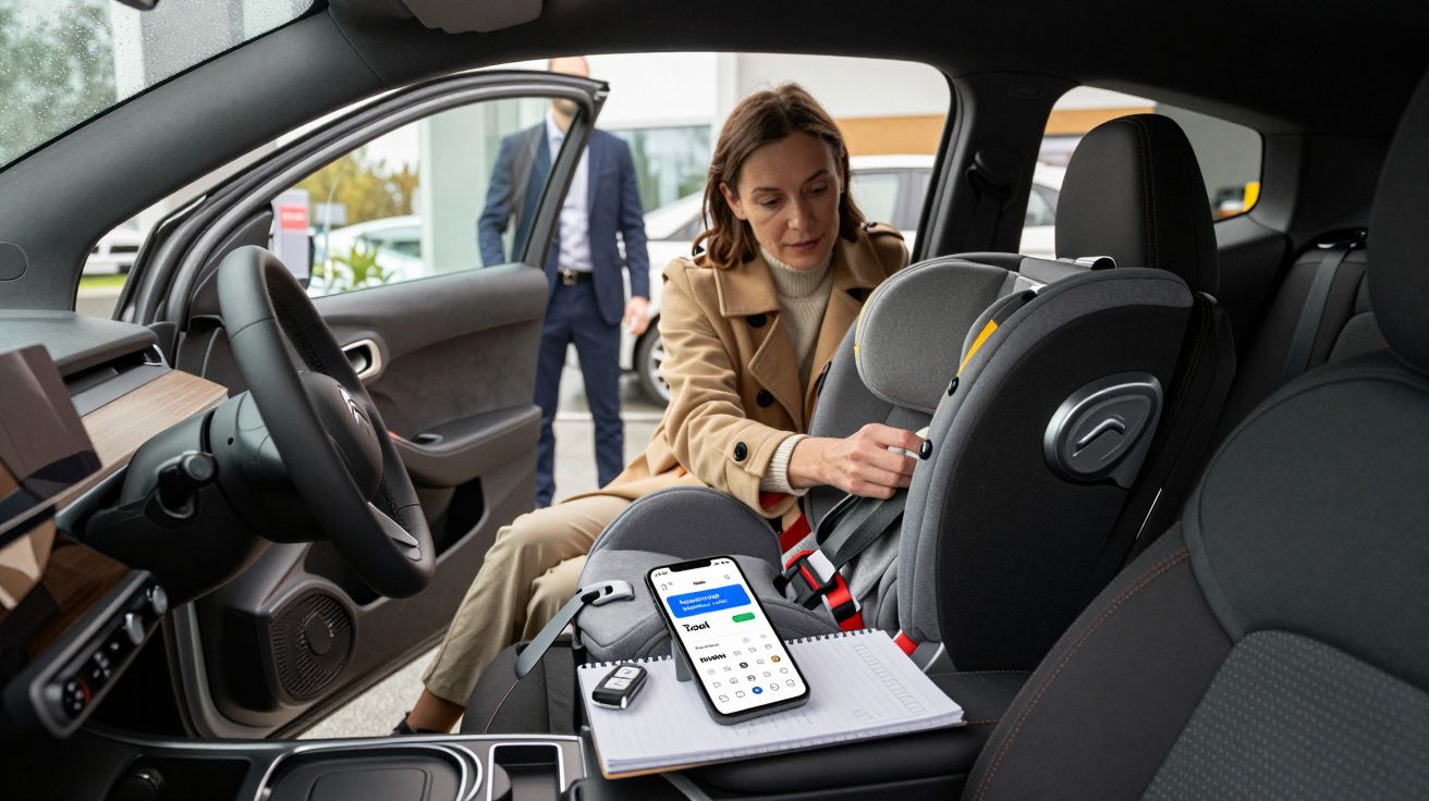 Woman securing a child seat in a car, open notebook and smartphone on the passenger seat, man approaching outside.