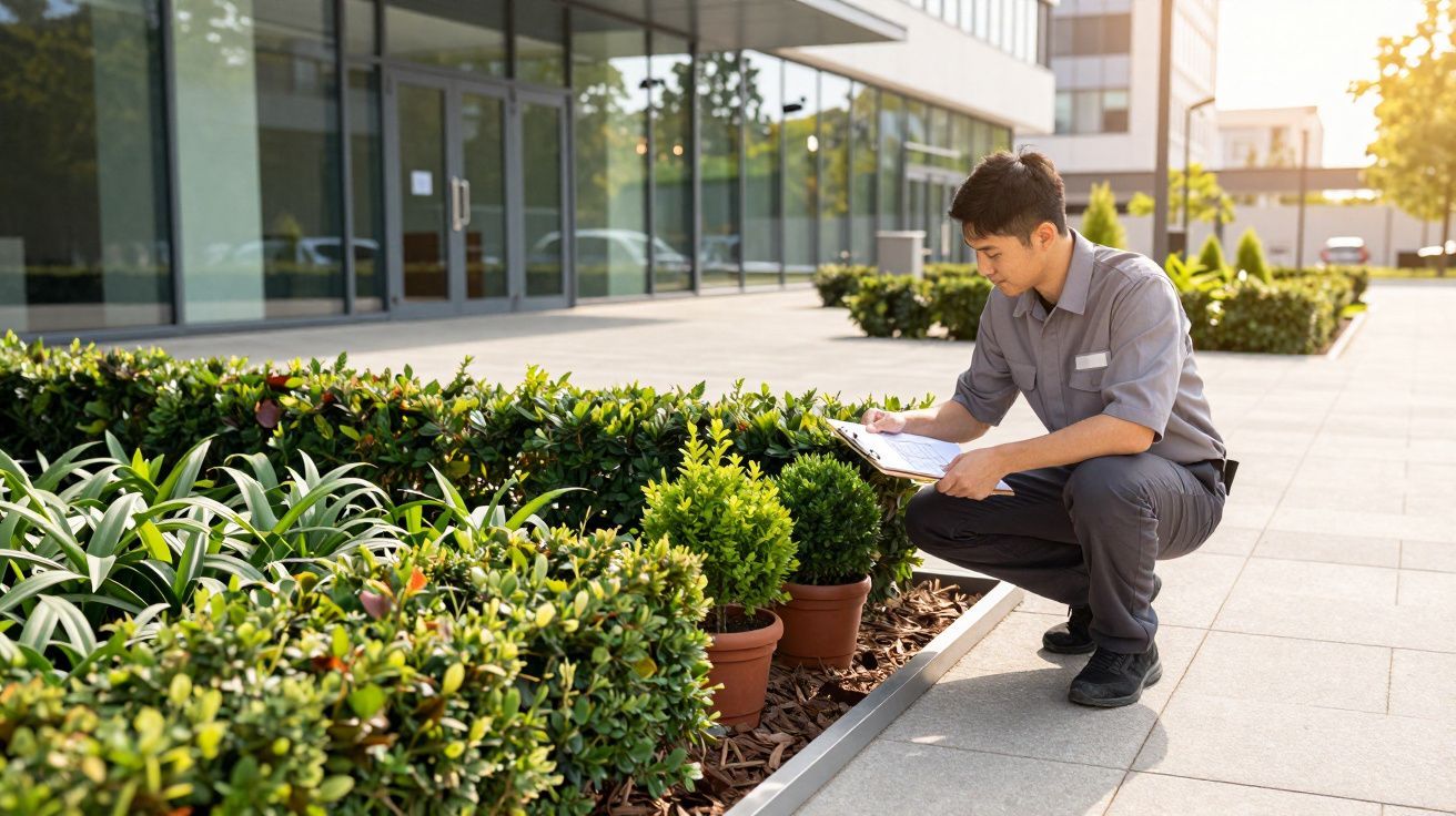 Man kneeling by shrubs, holding a clipboard, inspecting plants outside a modern office building.