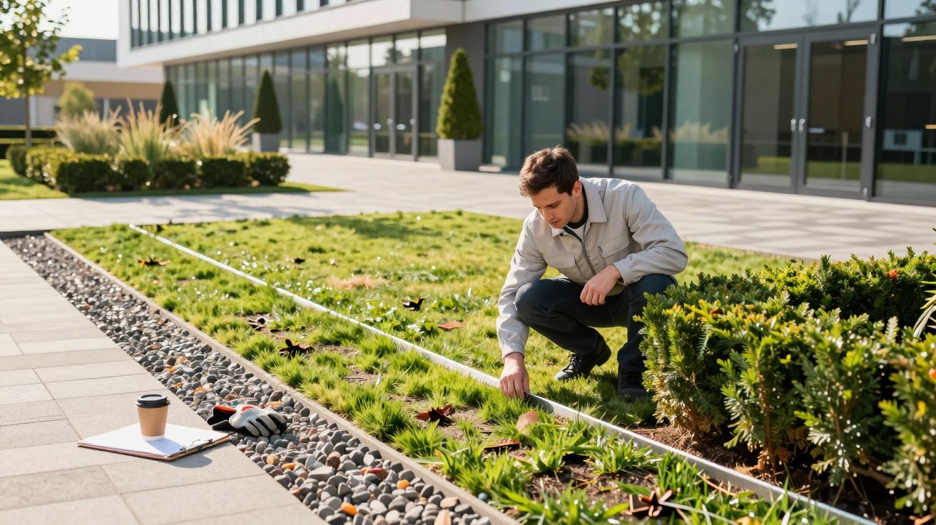 Man tending plants in an office garden courtyard beside a notebook, coffee cup, and gloves on paving stones.