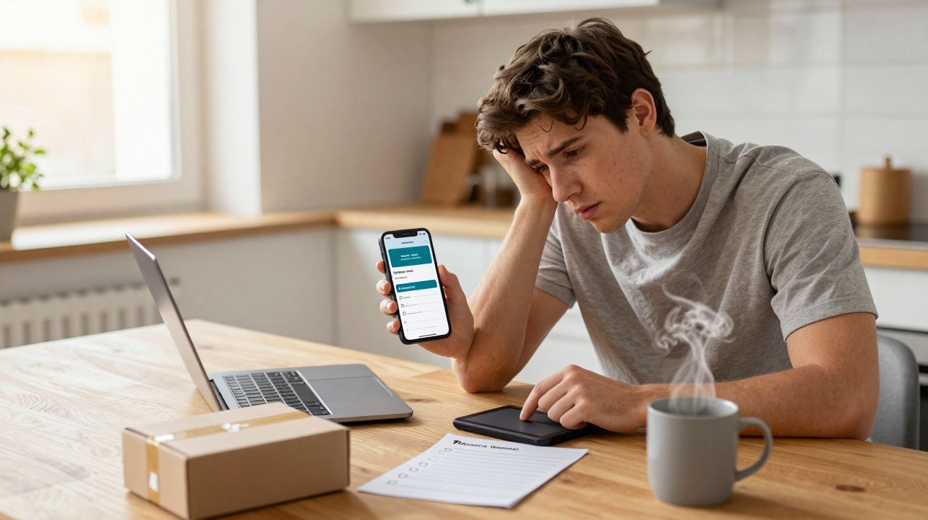Man looking frustrated at phone, sitting at table with laptop, package, document, and steaming coffee mug.