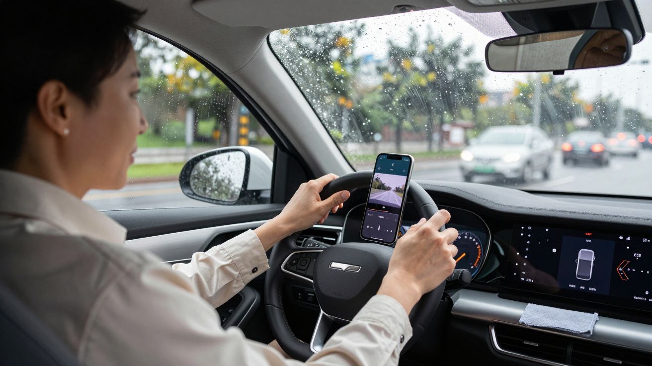 Person driving a car while using a smartphone mounted on the dashboard, with rainy weather outside.