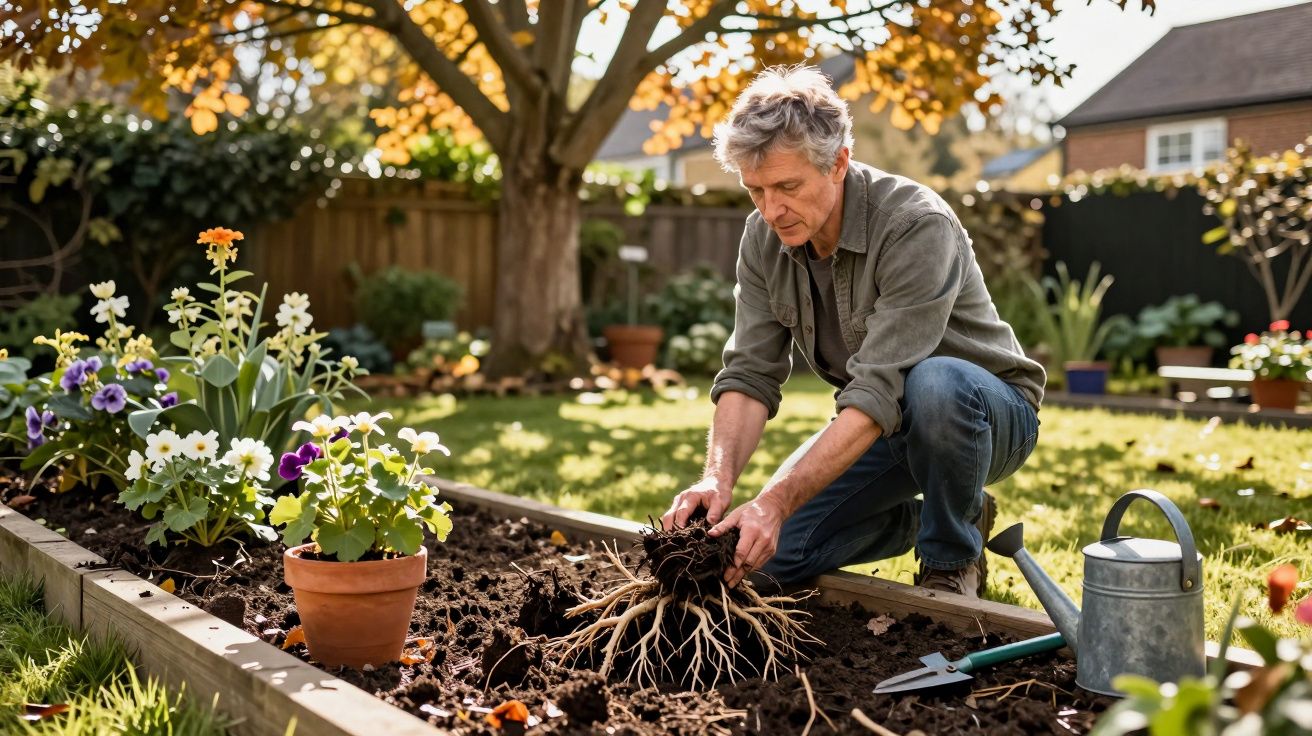 Man gardening, planting bulbs in a flower bed, with a watering can and tools, under a tree in a sunlit garden.