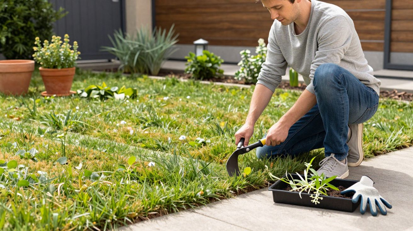 Man kneeling on grass, removing weeds with a hand tool, next to a tray of plants and gloves on a sunny day.