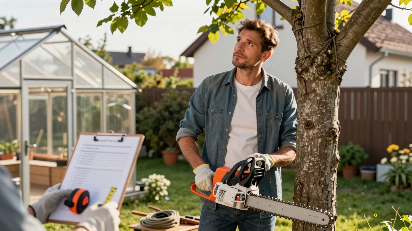 Man holding a chainsaw by a tree in a garden, standing near a greenhouse, with another person holding a clipboard in the fore