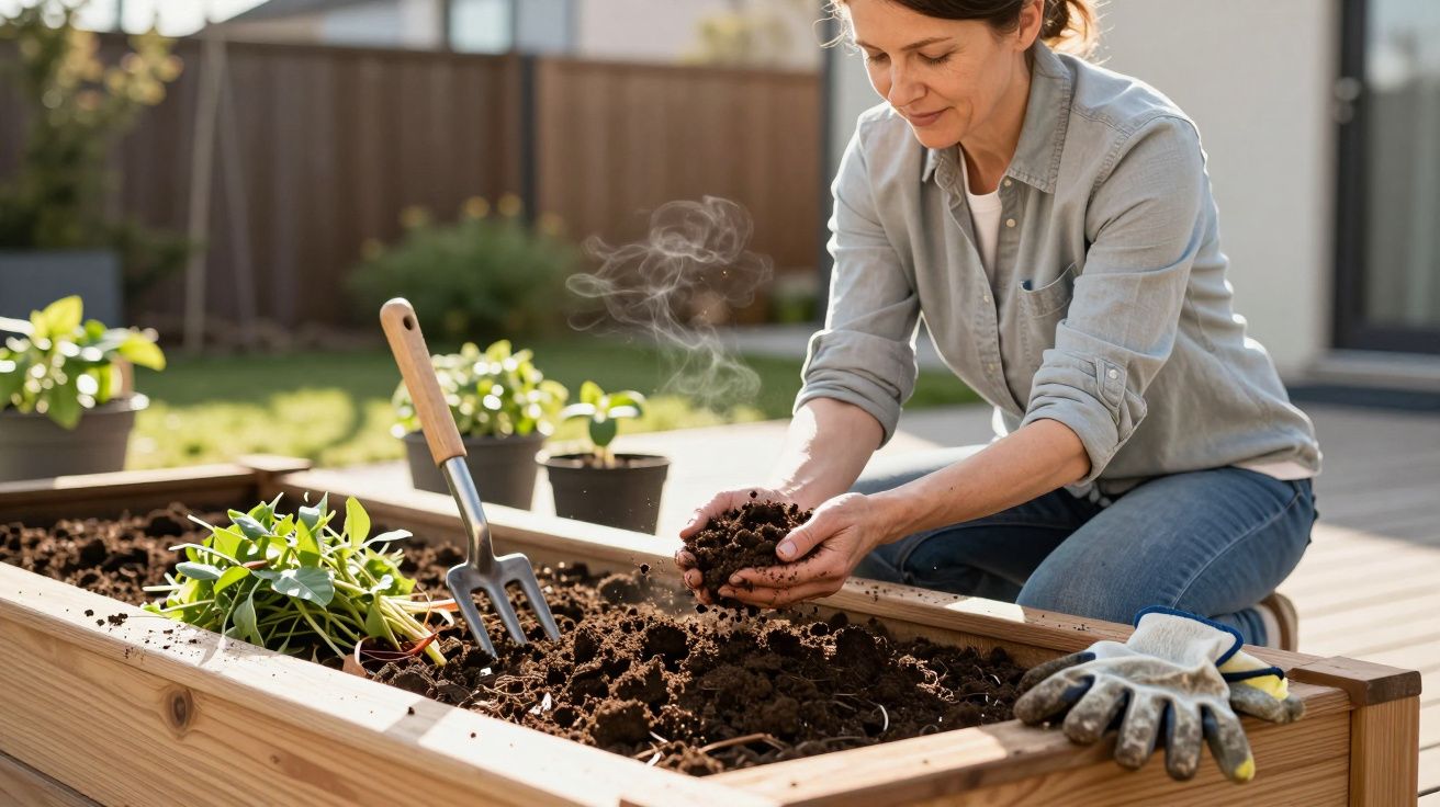 Woman tending plants in a wooden raised garden bed, holding soil with gardening tools and gloves nearby.