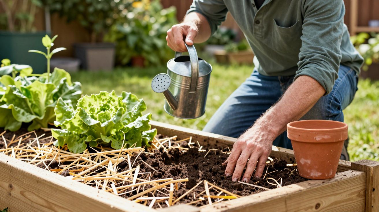Person watering plants in a garden with a watering can, hand planting in a soil bed surrounded by lettuce and straw mulch.