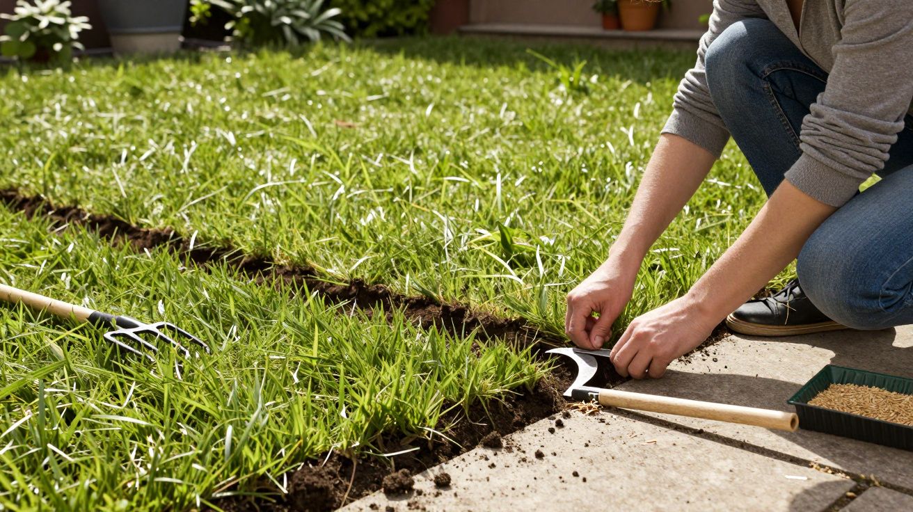 Person planting seeds in a freshly dug trench along a garden path, with gardening tools on the grass.