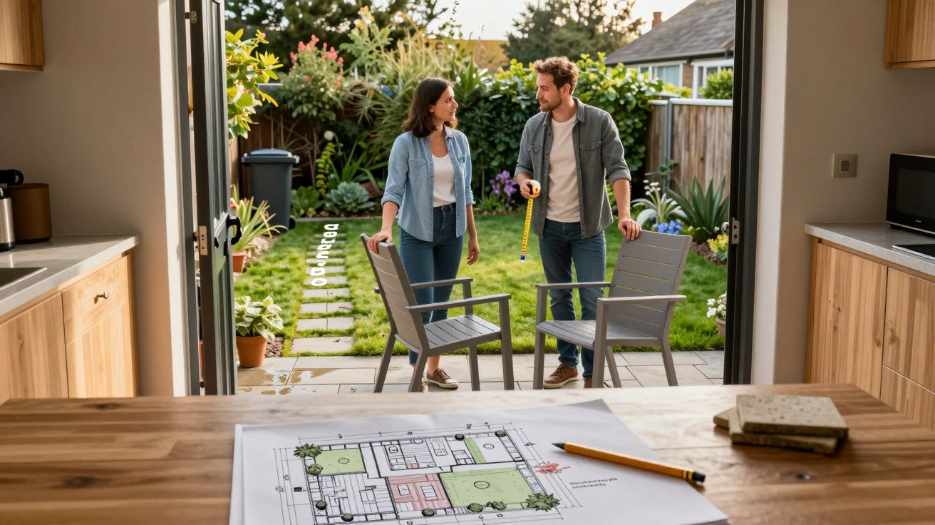 Couple discussing garden renovation with plans on the table, surrounded by greenery, viewed from a modern kitchen.