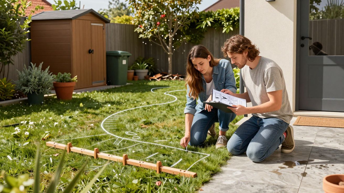 A couple planning garden design with a blueprint, marking lawn areas, while sitting on a patio beside a wooden ruler.