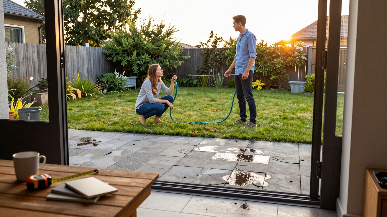 A man and woman using a hose to clean a patio overlooking a garden at sunset.
