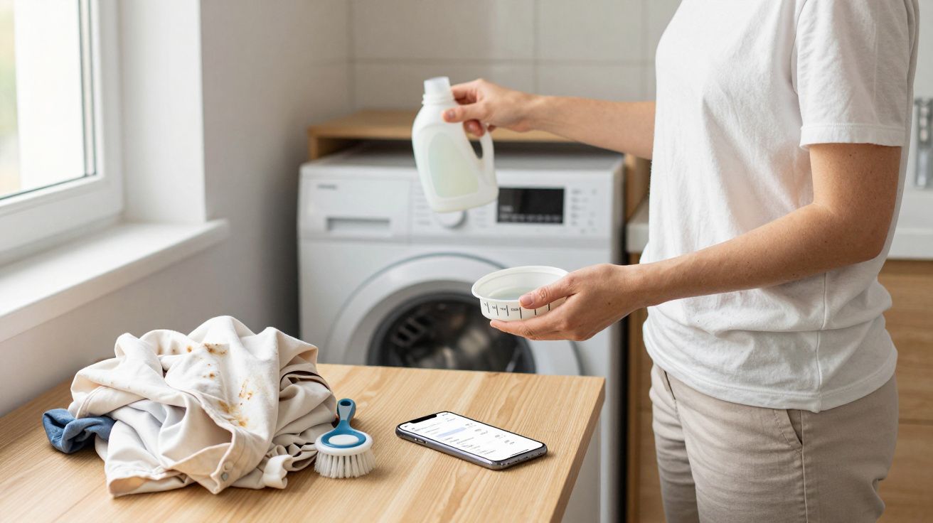 Person preparing laundry, holding detergent bottle, with stained clothes, brush, and smartphone on countertop near washing ma
