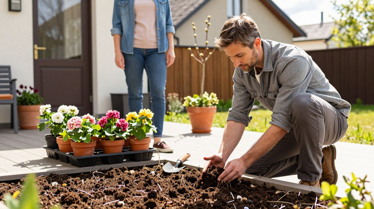 Man planting in garden, kneeling beside a raised bed, with colourful flowers and woman standing in the background.