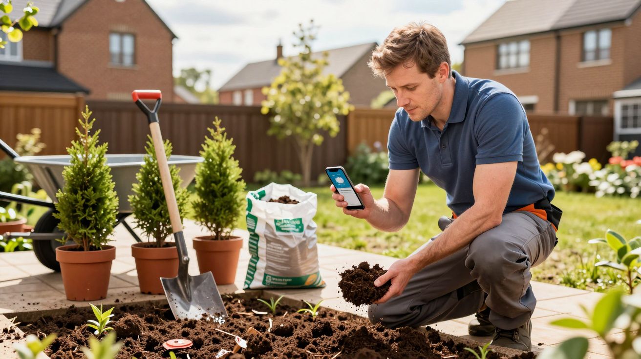 Man in a garden, checking a smartphone while planting seedlings, with tools and soil nearby.