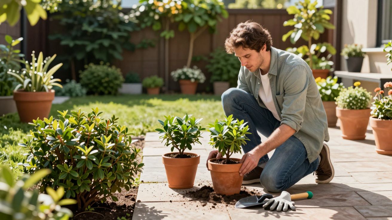Man in denim shirt gardening on a patio, surrounded by potted plants, with a trowel and gloves beside him.