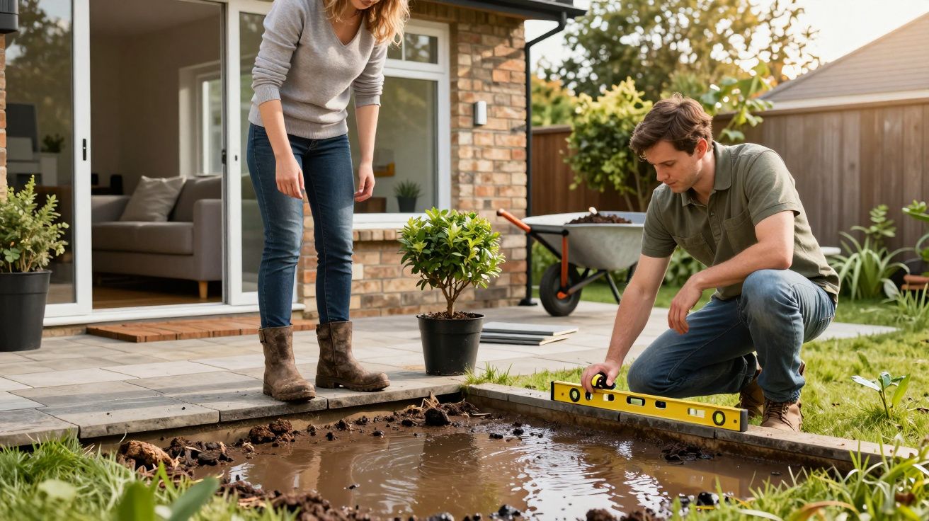 Man and woman in garden using a spirit level to prepare a muddy area near a patio for landscaping.