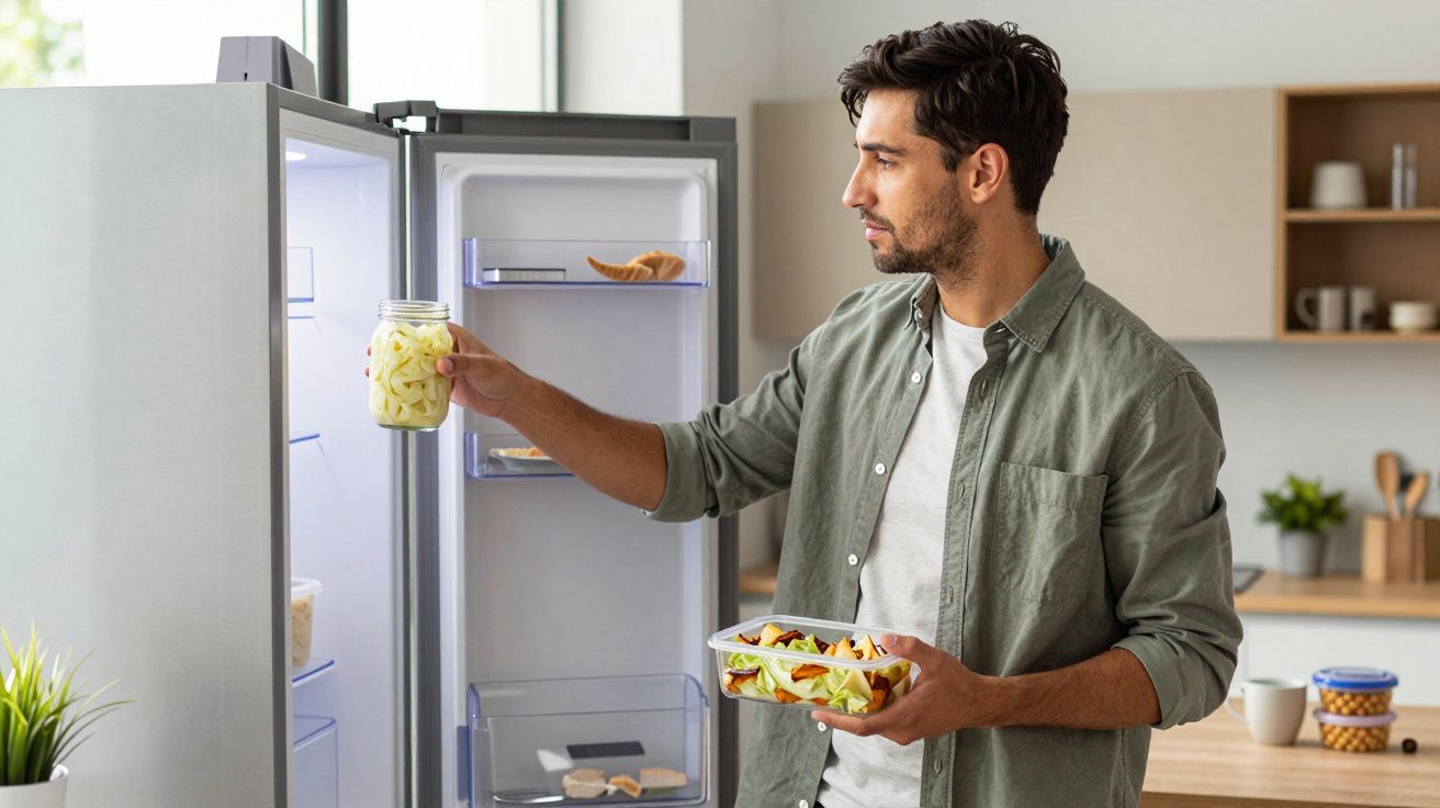 Man placing jar of sliced apples in fridge while holding a container of salad in a modern kitchen.