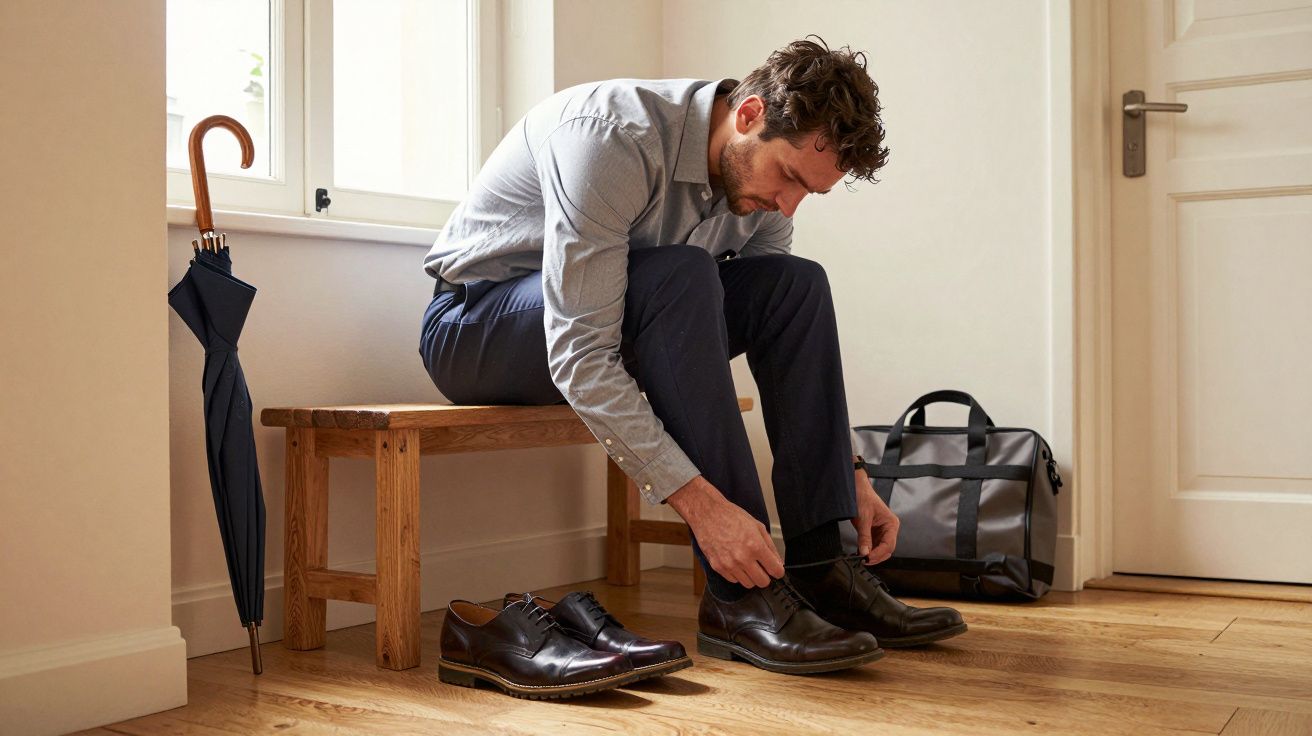 Man sitting on a bench tying his shoes, with an umbrella and a bag beside him in a bright room.