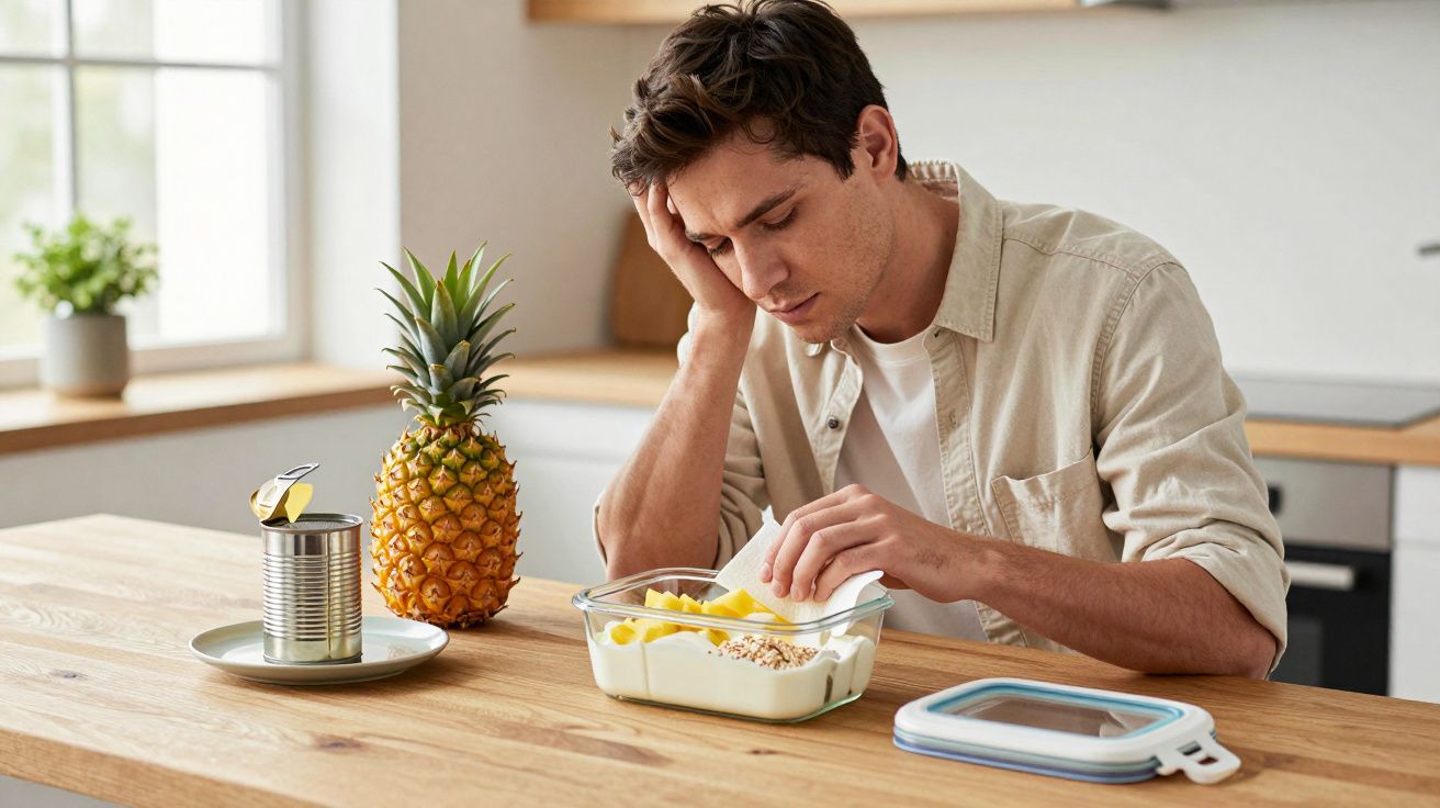 Man in a kitchen, placing pineapple into a dish of muesli and yoghurt, with a whole pineapple and a tin nearby.