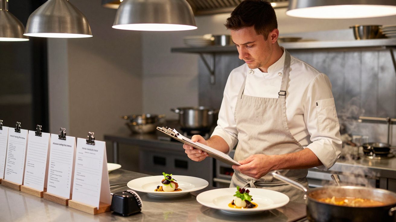 Chef in white uniform reviews notes in a modern kitchen with prepared dishes on the counter.