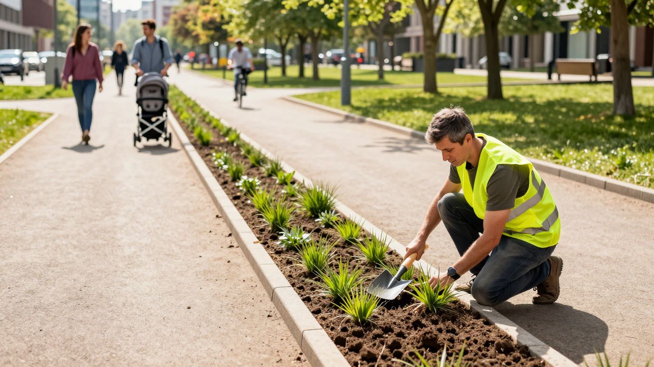 Man planting in a city green space, people walking and cycling nearby on a sunny day.